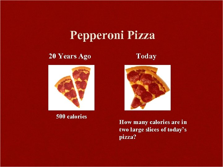 Pepperoni Pizza 20 Years Ago 500 calories Today How many calories are in two