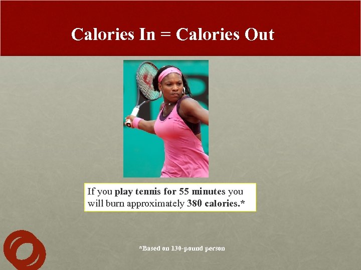 Calories In = Calories Out If you play tennis for 55 minutes you will