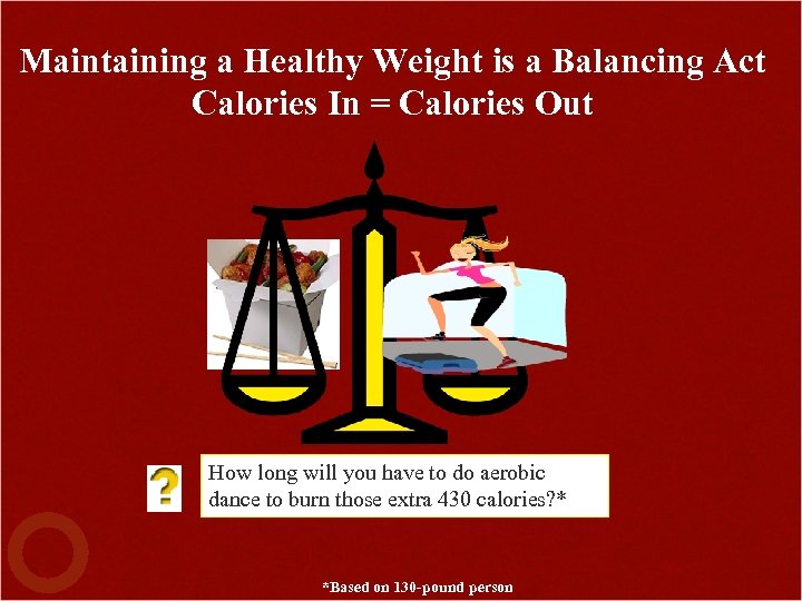 Maintaining a Healthy Weight is a Balancing Act Calories In = Calories Out How