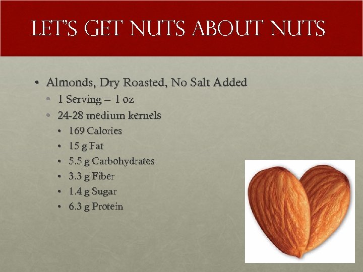 Let’s Get Nuts About Nuts • Almonds, Dry Roasted, No Salt Added • •