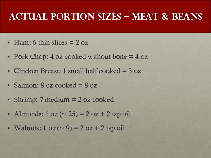 Actual Portion Sizes – Meat & Beans • Ham: 6 thin slices = 2