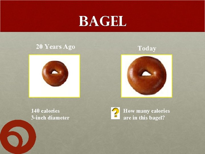 Bagel 20 Years Ago 140 calories 3 -inch diameter Today How many calories are
