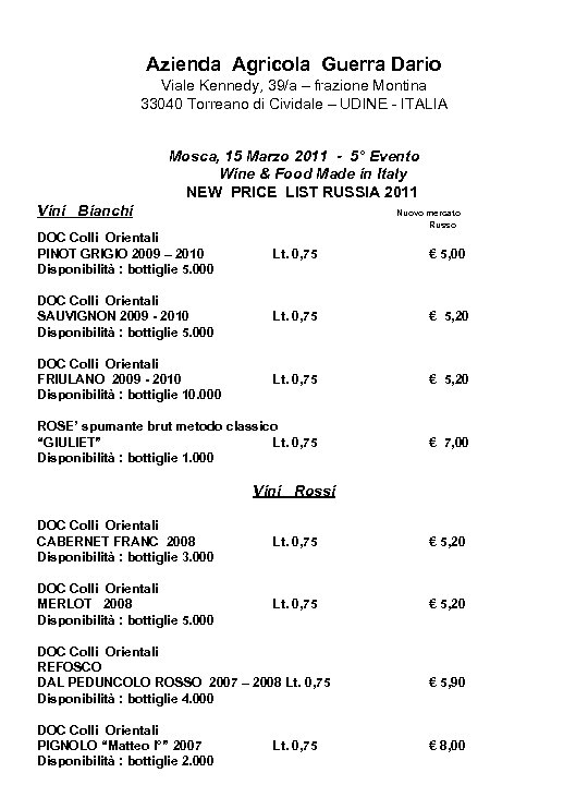 Azienda Agricola Guerra Dario Viale Kennedy, 39/a – frazione Montina 33040 Torreano di Cividale