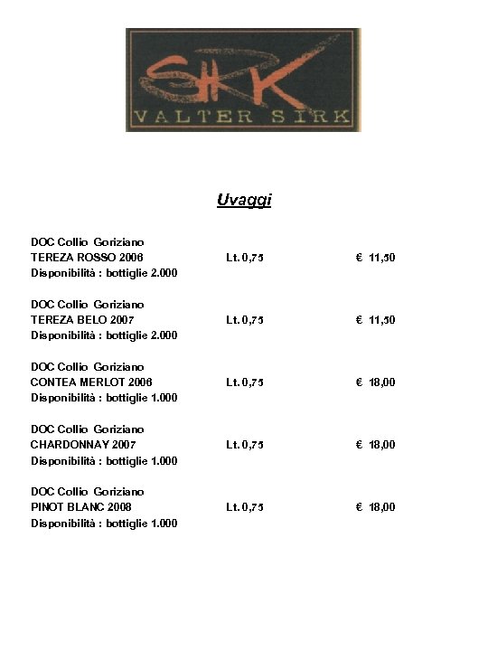 Uvaggi DOC Collio Goriziano TEREZA ROSSO 2006 Disponibilità : bottiglie 2. 000 Lt. 0,