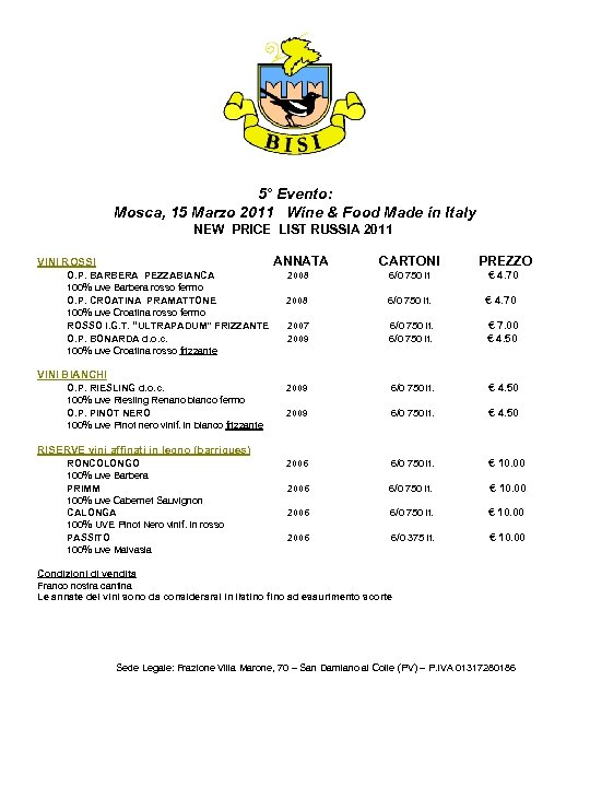 5° Evento: Mosca, 15 Marzo 2011 Wine & Food Made in Italy NEW PRICE