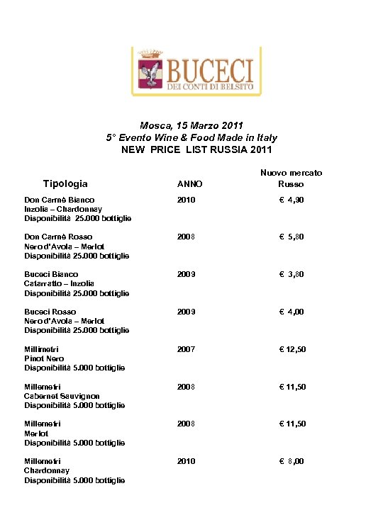 Mosca, 15 Marzo 2011 5° Evento Wine & Food Made in Italy NEW PRICE
