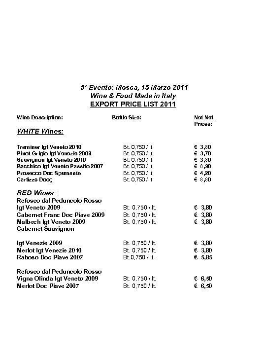5° Evento: Mosca, 15 Marzo 2011 Wine & Food Made in Italy EXPORT PRICE