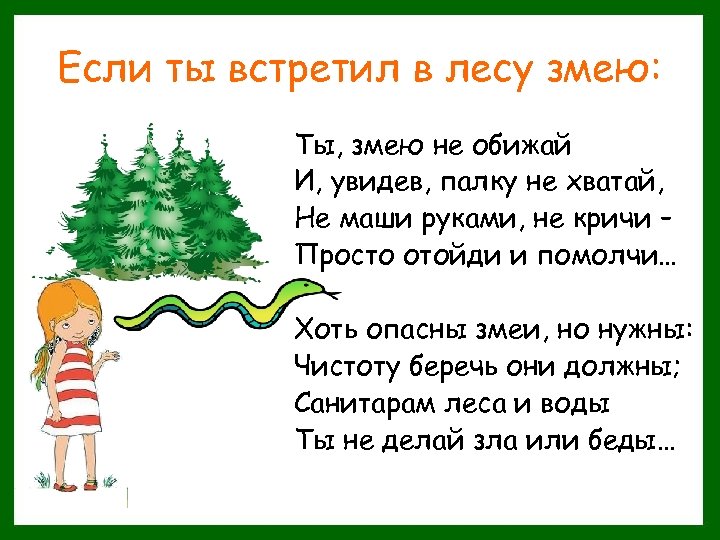 Если ты встретил в лесу змею: Ты, змею не обижай И, увидев, палку не
