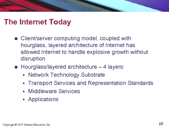 The Internet Today Client/server computing model, coupled with hourglass, layered architecture of Internet has