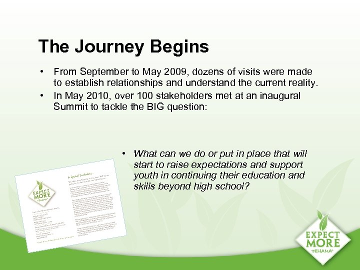 The Journey Begins • From September to May 2009, dozens of visits were made