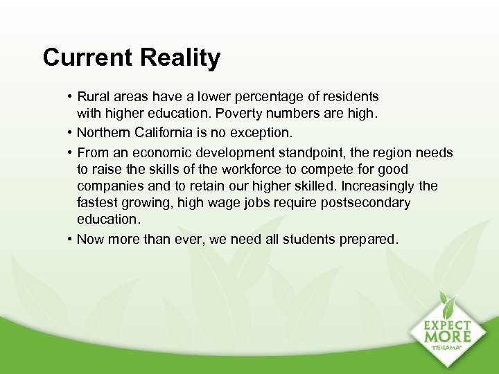 Current Reality • Rural areas have a lower percentage of residents with higher education.