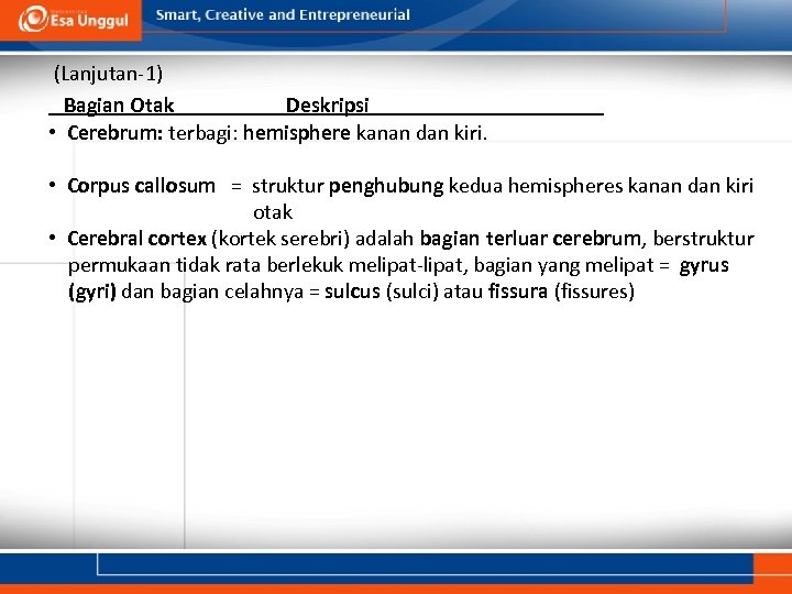 (Lanjutan-1) Bagian Otak Deskripsi • Cerebrum: terbagi: hemisphere kanan dan kiri. • Corpus callosum