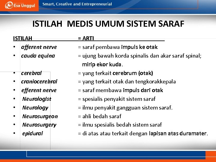 ISTILAH MEDIS UMUM SISTEM SARAF ISTILAH • afferent nerve • cauda equina • cerebral