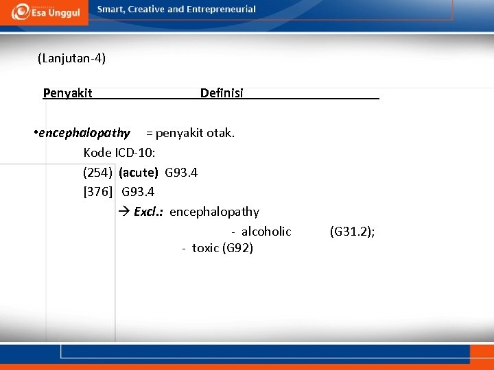 (Lanjutan-4) Penyakit Definisi • encephalopathy = penyakit otak. Kode ICD-10: (254) (acute) G 93.