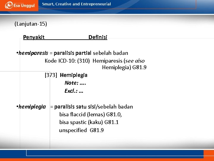 (Lanjutan-15) Penyakit Definisi • hemiparesis = paralisis partial sebelah badan Kode ICD-10: (310) Hemiparesis