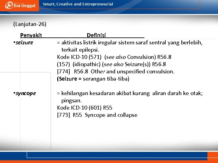 (Lanjutan-26) Penyakit • seizure Definisi = aktivitas listrik iregular sistem saraf sentral yang berlebih,