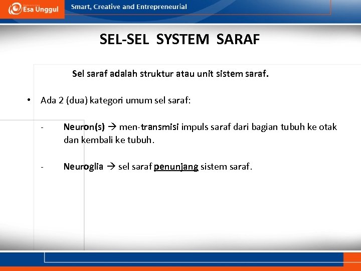 SEL-SEL SYSTEM SARAF Sel saraf adalah struktur atau unit sistem saraf. • Ada 2