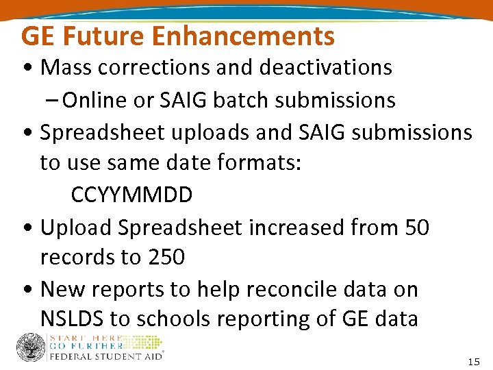GE Future Enhancements • Mass corrections and deactivations – Online or SAIG batch submissions