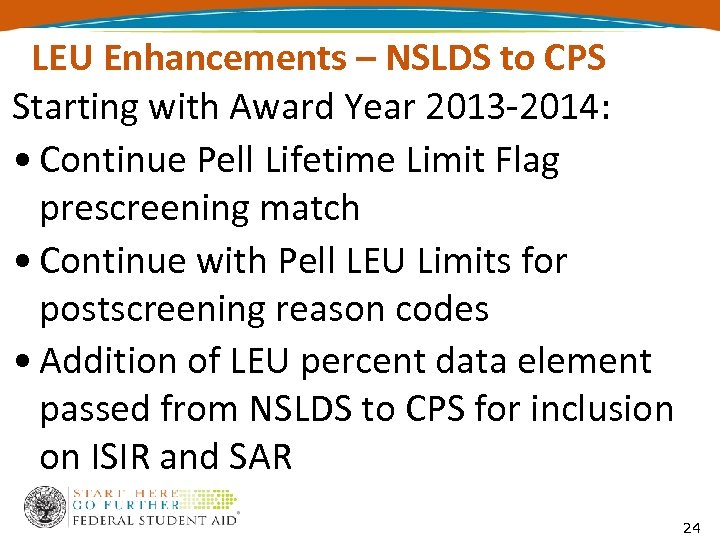 LEU Enhancements – NSLDS to CPS Starting with Award Year 2013 -2014: • Continue