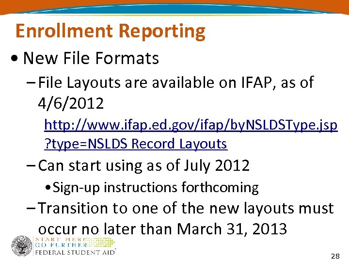 Enrollment Reporting • New File Formats – File Layouts are available on IFAP, as
