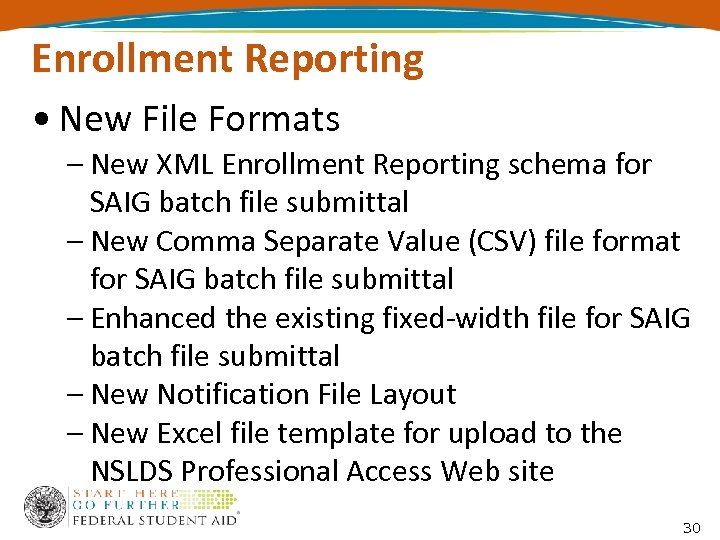 Enrollment Reporting • New File Formats – New XML Enrollment Reporting schema for SAIG