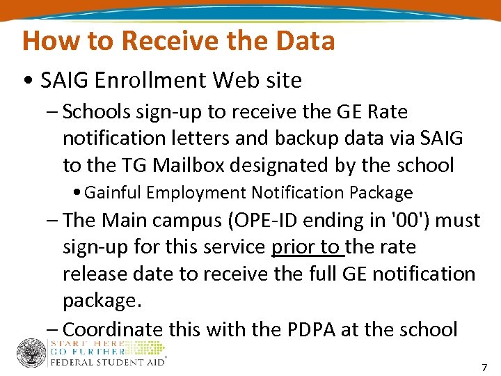 How to Receive the Data • SAIG Enrollment Web site – Schools sign-up to