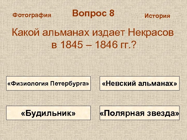 Фотография Вопрос 8 История Какой альманах издает Некрасов в 1845 – 1846 гг. ?