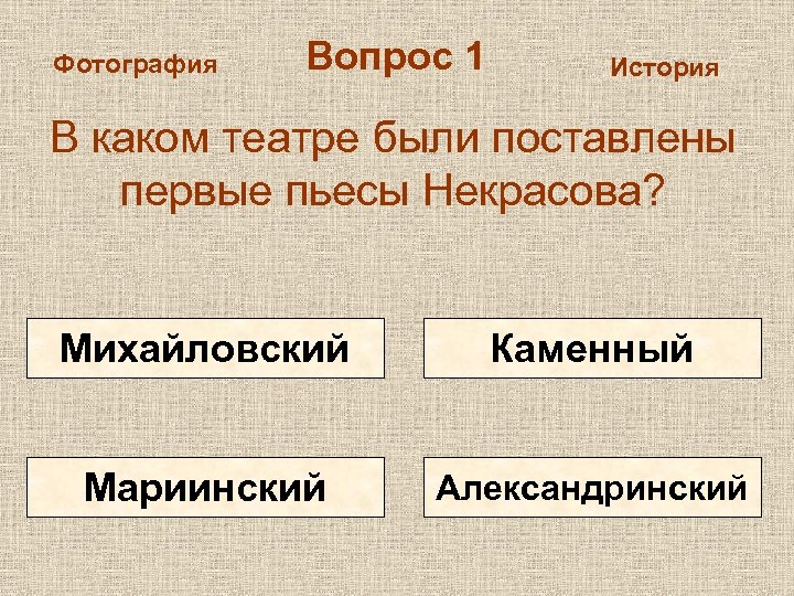Фотография Вопрос 1 История В каком театре были поставлены первые пьесы Некрасова? Михайловский Каменный