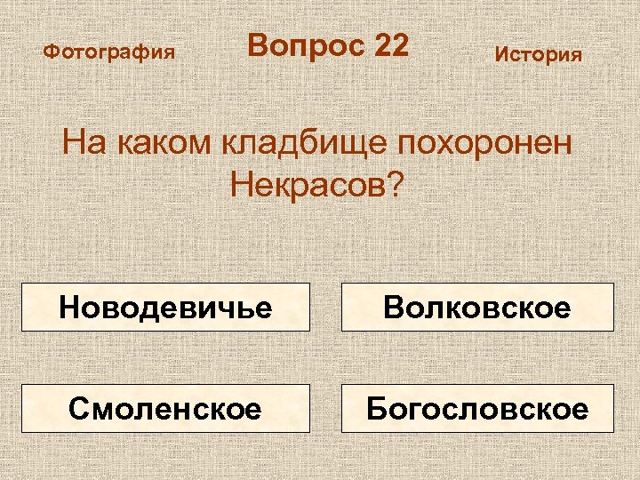Фотография Вопрос 22 История На каком кладбище похоронен Некрасов? Новодевичье Волковское Смоленское Богословское 