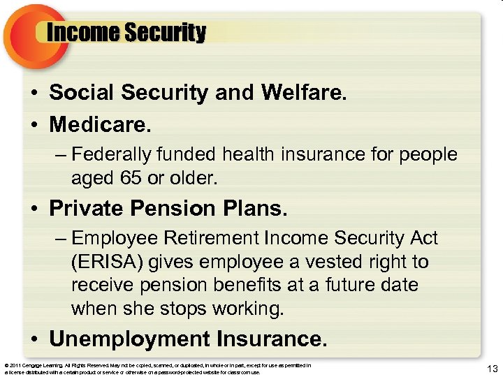 Income Security • Social Security and Welfare. • Medicare. – Federally funded health insurance