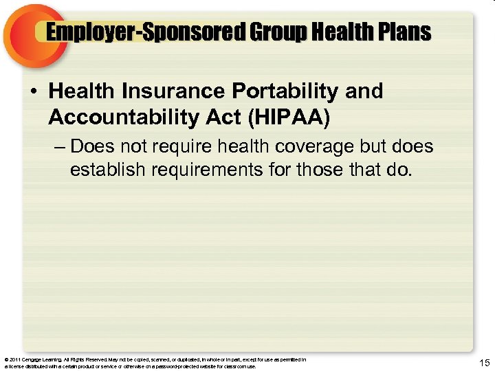 Employer-Sponsored Group Health Plans • Health Insurance Portability and Accountability Act (HIPAA) – Does