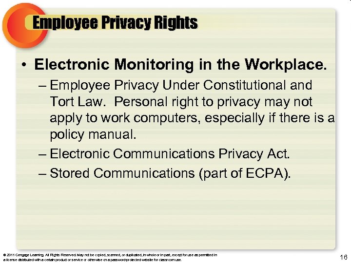 Employee Privacy Rights • Electronic Monitoring in the Workplace. – Employee Privacy Under Constitutional