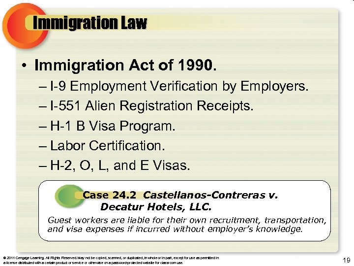 Immigration Law • Immigration Act of 1990. – I-9 Employment Verification by Employers. –