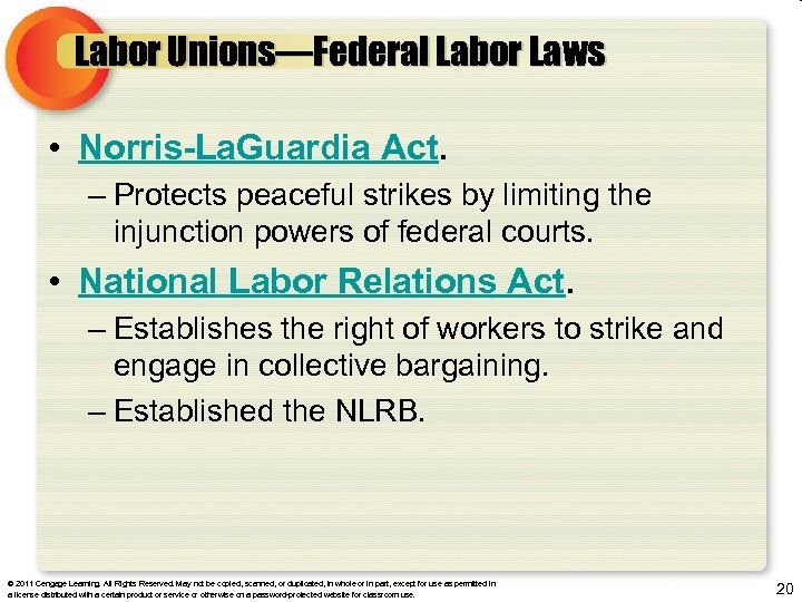 Labor Unions—Federal Labor Laws • Norris-La. Guardia Act. – Protects peaceful strikes by limiting