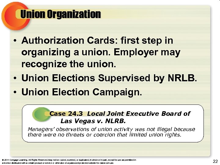 Union Organization • Authorization Cards: first step in organizing a union. Employer may recognize