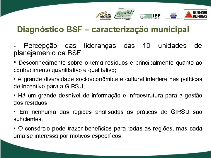 Diagnóstico BSF – caracterização municipal - Percepção das lideranças das 10 unidades de planejamento