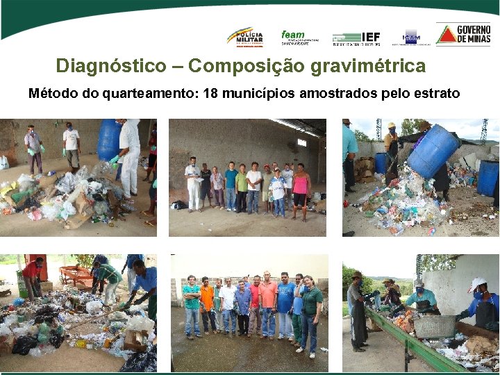 Diagnóstico – Composição gravimétrica Método do quarteamento: 18 municípios amostrados pelo estrato 