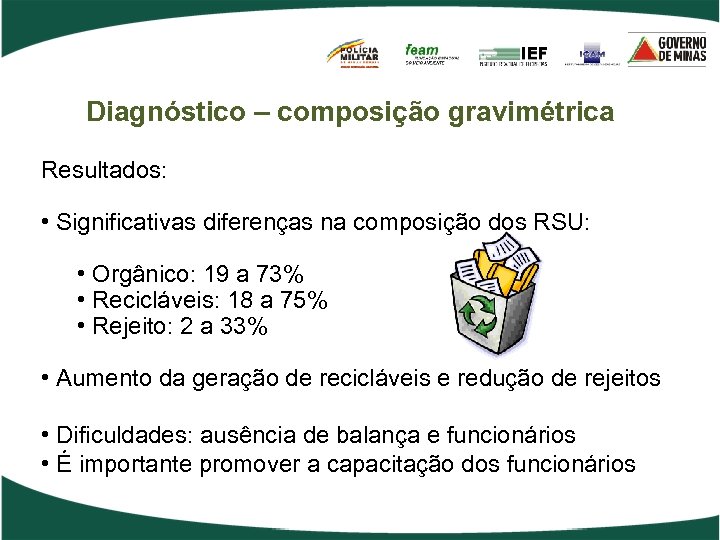 Diagnóstico – composição gravimétrica Resultados: • Significativas diferenças na composição dos RSU: • Orgânico: