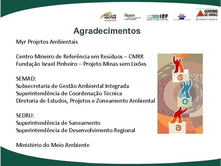 Agradecimentos Myr Projetos Ambientais Centro Mineiro de Referência em Resíduos – CMRR Fundação Israel