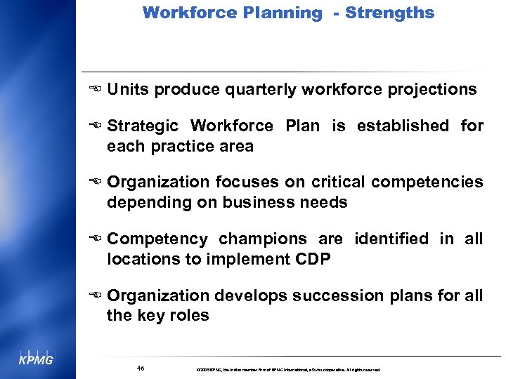 Workforce Planning - Strengths E Units produce quarterly workforce projections E Strategic Workforce Plan