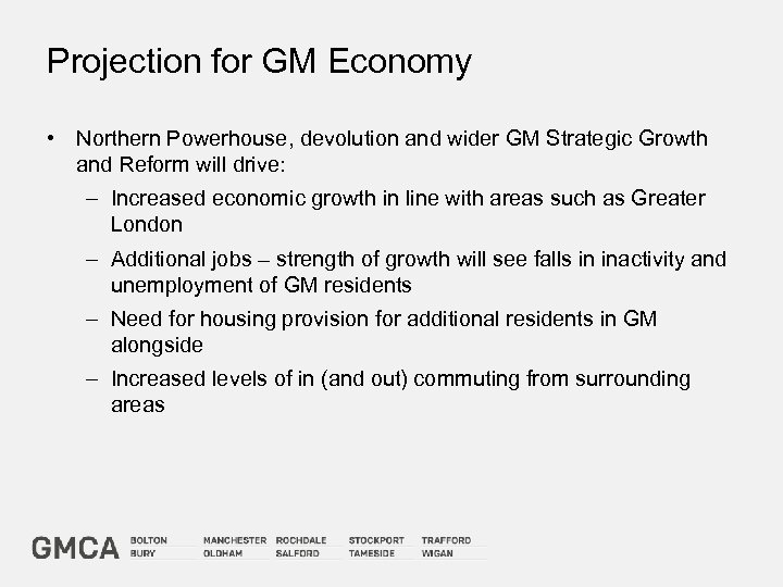 Projection for GM Economy • Northern Powerhouse, devolution and wider GM Strategic Growth and