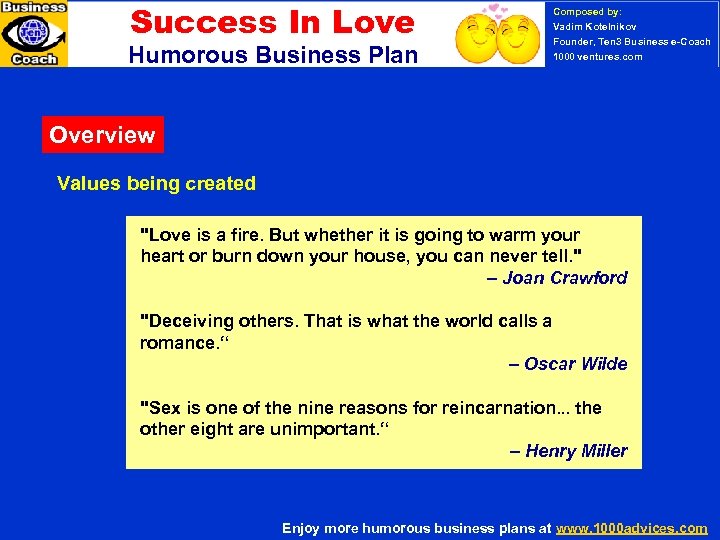 Success In Love Humorous Business Plan Composed by: Vadim Kotelnikov Founder, Ten 3 Business