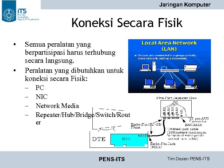 Jaringan Komputer Koneksi Secara Fisik • • Semua peralatan yang berpartisipasi harus terhubung secara