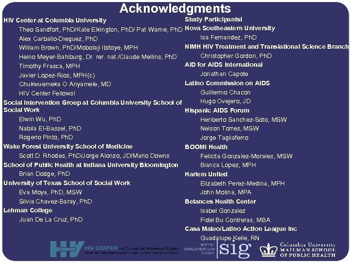 Acknowledgments HIV Center at Columbia University Theo Sandfort, Ph. D/Kate Elkington, Ph. D/ Pat