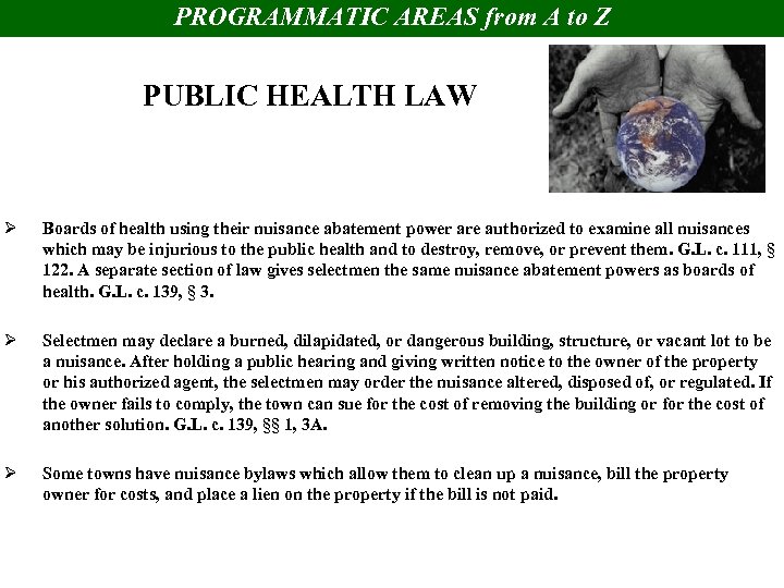 PROGRAMMATIC AREAS from A to Z PUBLIC HEALTH LAW Ø Boards of health using