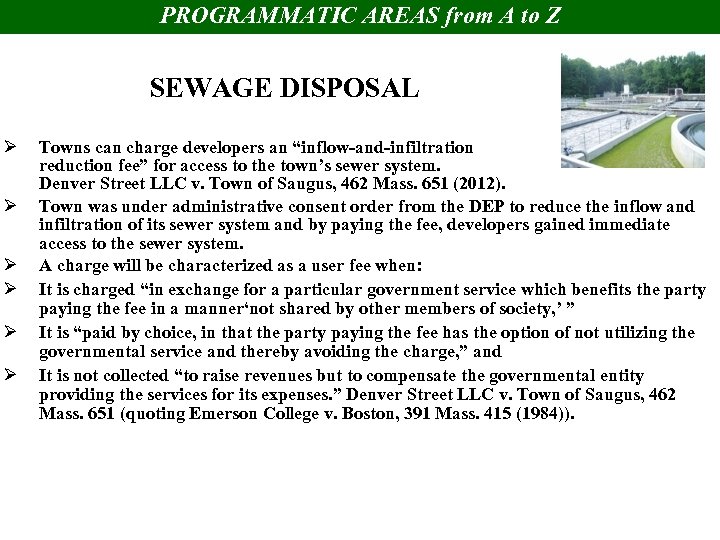 PROGRAMMATIC AREAS from A to Z SEWAGE DISPOSAL Ø Ø Ø Towns can charge