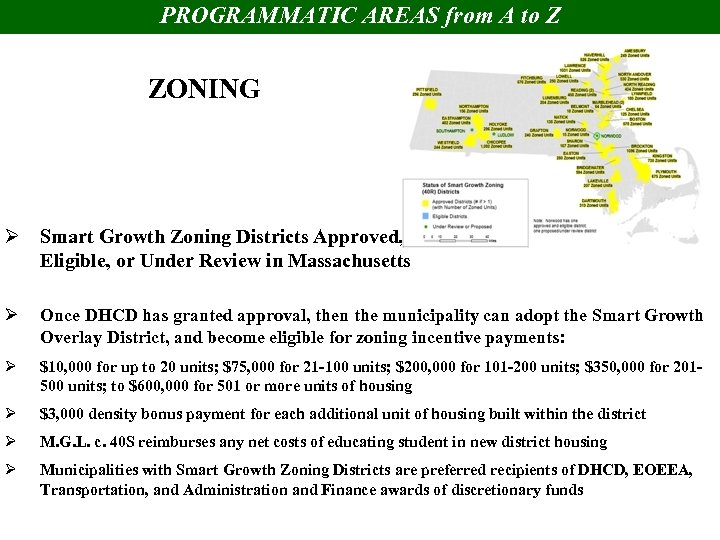 PROGRAMMATIC AREAS from A to Z ZONING Ø Smart Growth Zoning Districts Approved, Eligible,