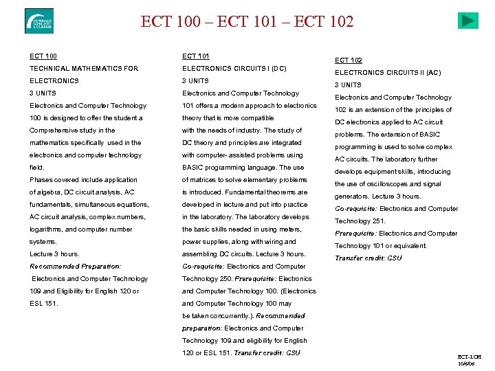 ECT 100 – ECT 101 – ECT 102 ECT 100 ECT 101 TECHNICAL MATHEMATICS