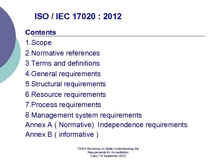 ISO / IEC 17020 : 2012 Contents 1. Scope 2. Normative references 3. Terms