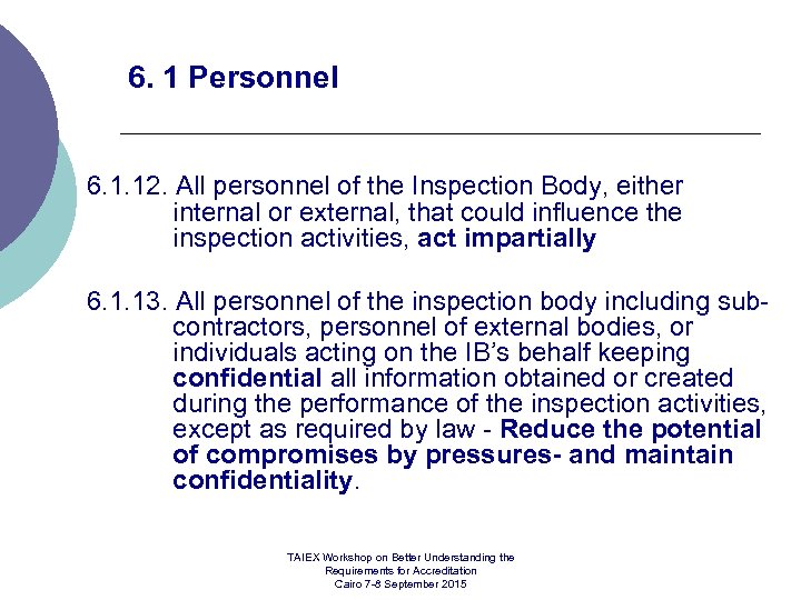 6. 1 Personnel 6. 1. 12. All personnel of the Inspection Body, either internal